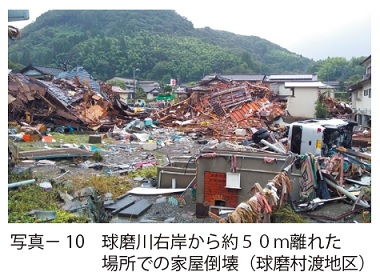 写真－ 10　球磨川右岸から約５０ｍ離れた場所での家屋倒壊（球磨村渡地区）