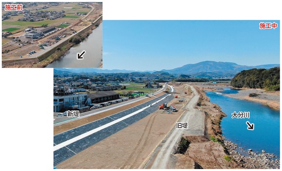 大分川河川整備事業　施工前と施工中の写真