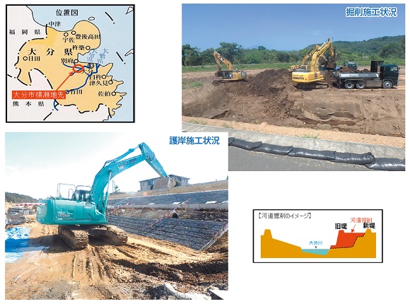 大分川河川整備事業　位置図、河道掘削のイメージイラスト、掘削施工状況と護岸施工状況の写真