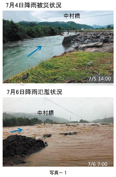 写真1　山野川中村橋付近の　7月4日降雨被災状況、7月6日降雨氾濫状況