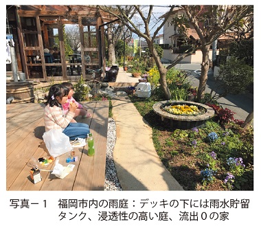 写真1　福岡市内の雨庭：デッキの下には雨水貯留
タンク、浸透性の高い庭、流出０の家