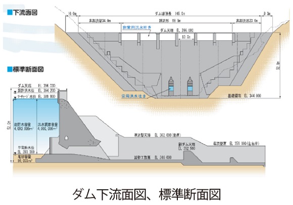 玉来ダム　ダム下流面図、標準断面図