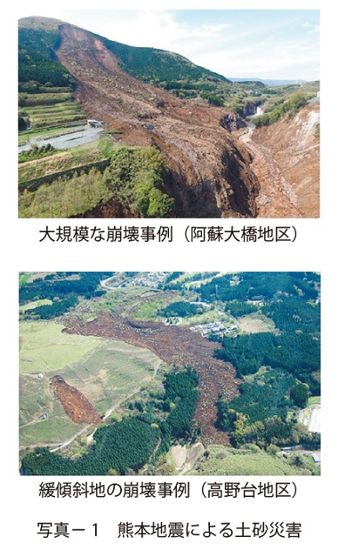写真1　熊本地震による土砂災害　上　大規模な崩壊事例（阿蘇大橋地区）　下　緩傾斜地の崩壊事例（高野台地区）