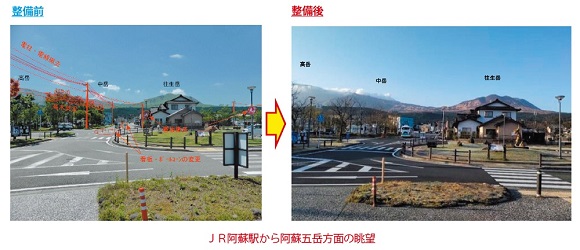 写真　ＪＲ阿蘇駅から阿蘇五岳方面の眺望　整備前と整備後