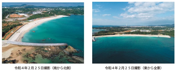 写真　　金武湾港海岸ギンバル地区空撮写真　左：南から北側　右：東から全景