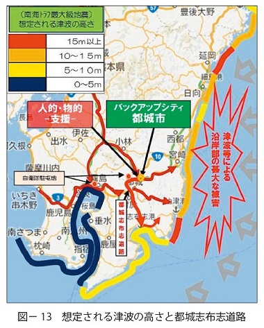 図 13　想定される津波の高さと都城志布志道路