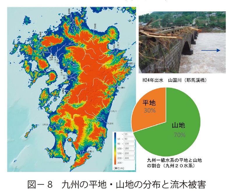 図8　九州の平地・山地の分布と流木被害