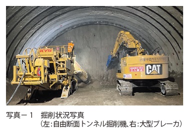 写真1　掘削状況写真（左:自由断面トンネル掘削機、右:大型ブレーカ）