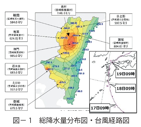 図1　総降水量分布図・台風経路図