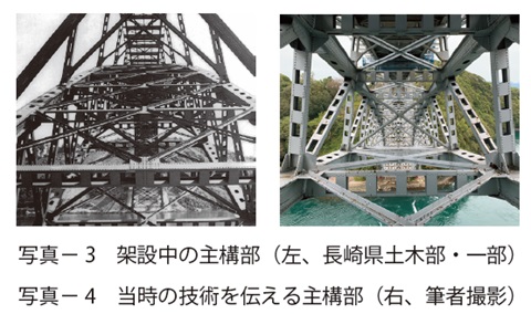 左　写真3　架設中の主構部（左、長崎県土木部・一部）　写真4　当時の技術を伝える主構部（右、筆者撮影）