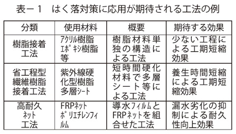 表1　はく落対策に応用が期待される工法の例