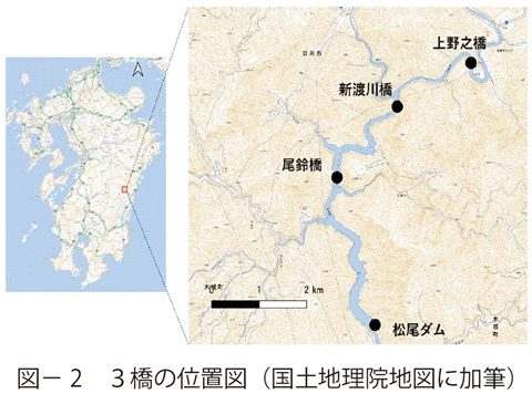 図2　３橋の位置図（国土地理院地図に加筆）