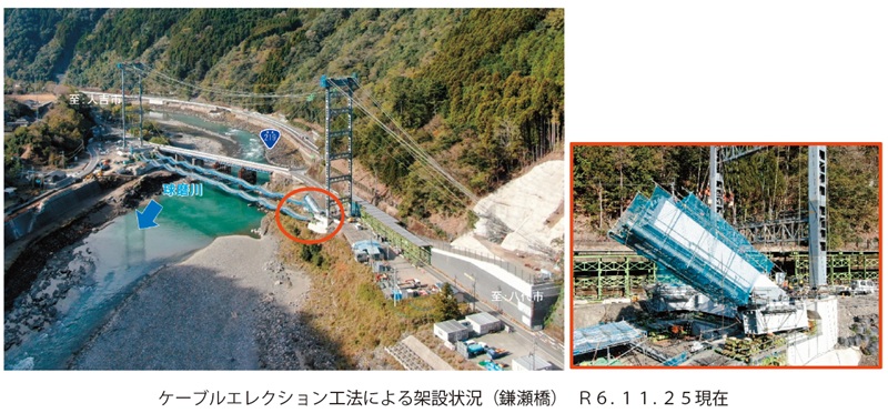 ケーブルエレクション工法による架設状況（鎌瀬橋）　Ｒ６. １１. ２５現在　13-03