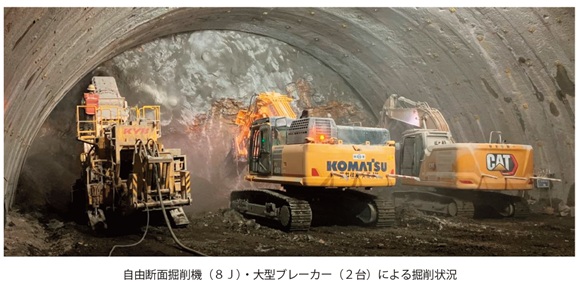 写真自由断面掘削機（８Ｊ）・大型ブレーカー（２台）による掘削状況