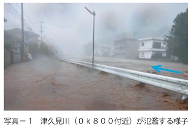 写真1　津久見川（０ｋ８００付近）が氾濫する様子