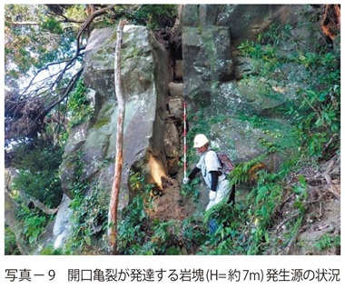 写真9　開口亀裂が発達する岩塊(H=約7m)発生源の状況