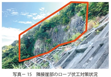 写真15　隣接崖部のロープ伏工対策状況