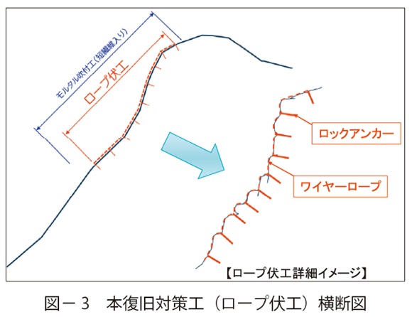 図3　本復旧対策工（ロープ伏工）横断図