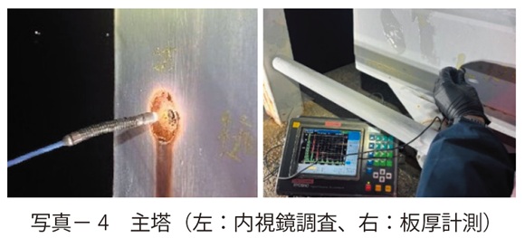 写真4　主塔（左：内視鏡調査、右：板厚計測）
