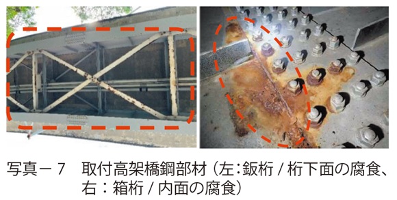 写真7　取付高架橋鋼部材（左：鈑桁/ 桁下面の腐食、右：箱桁/ 内面の腐食）
