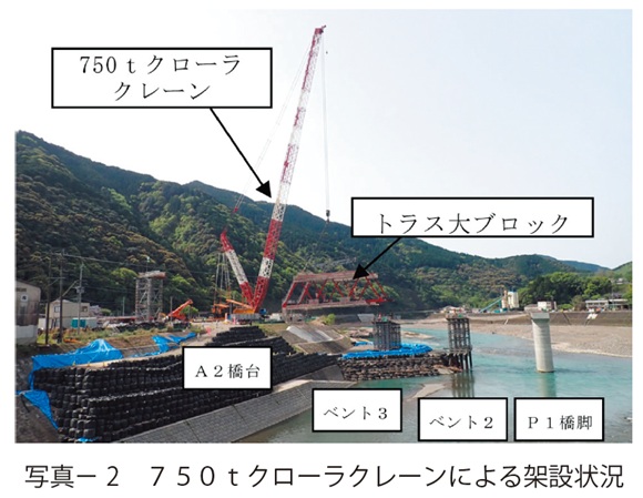 写真2 750tクローラクレーンによる架設状況