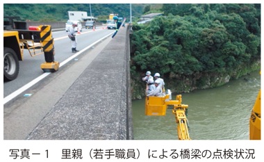 写真1　里親（若手職員）による橋梁の点検状況